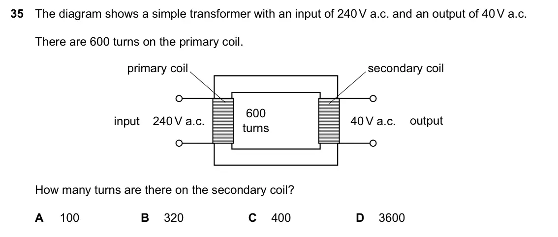 Specimen Paper 1, question 35: The diagram shows a simple transformer with an input of 240 V a.c. and an output of 40 V a.c. There are 600 turns on the primary coil. primary coil secondary co
