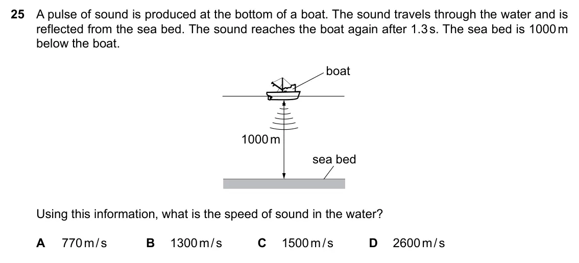 Specimen Paper 2, question 25: A pulse of sound is produced at the bottom of a boat. The sound travels through the water and is reflected from the sea bed. The sound reaches the boat again af