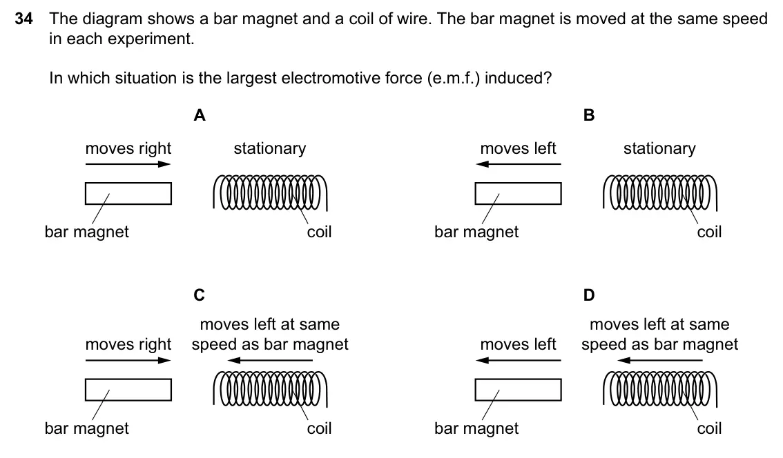 Specimen Paper 2, question 34: The diagram shows a bar magnet and a coil of wire. The bar magnet is moved at the same speed in each experiment. In which situation is the largest electromotive