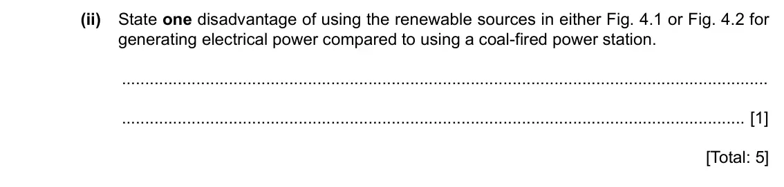 Specimen Paper 3, question 4(b)(ii): State one disadvantage of using the renewable sources in either Fig. 4.1 or Fig. 4.2 for generating electrical power compared to using a coal-fired power statio