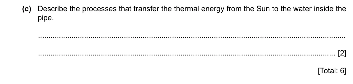Specimen Paper 3, question 6(c): Describe the processes that transfer the thermal energy from the Sun to the water inside the pipe. [2] [Total: 6]