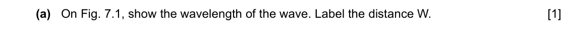 Specimen Paper 3, question 7(a): On Fig. 7.1, show the wavelength of the wave. Label the distance W. [1]