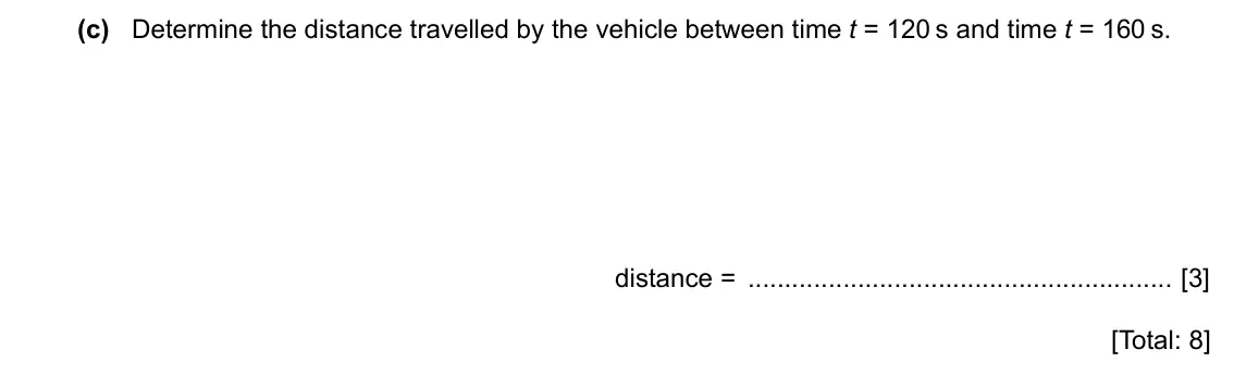 Specimen Paper 4, question 1(c): Determine the distance travelled by the vehicle between time t = 120 s and time t = 160 s. distance = [3] [Total: 8]