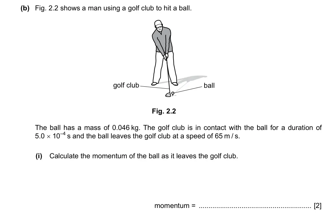 Specimen Paper 4, question 2(b)(i): Calculate the momentum of the ball as it leaves the golf club. momentum = [2]