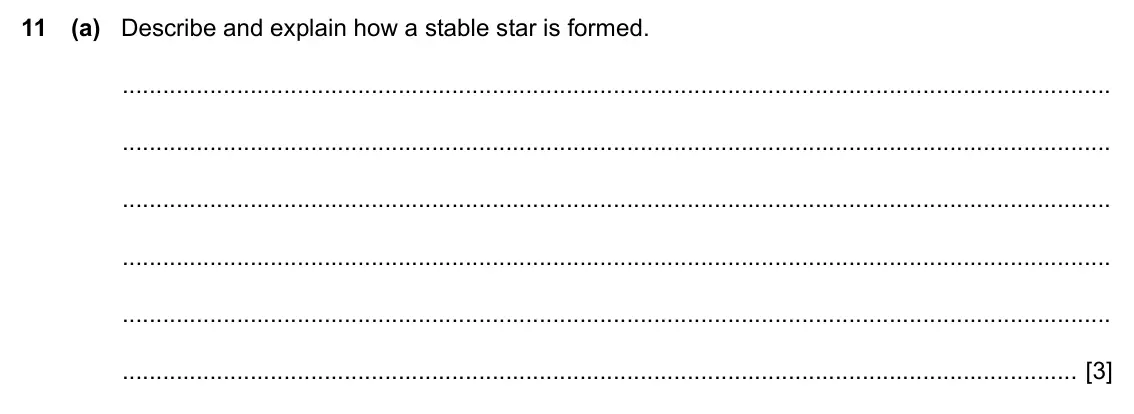 Specimen Paper 4, question 11(a): Describe and explain how a stable star is formed. [3]