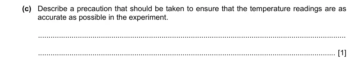 Specimen Paper 6, question 1(c): Describe a precaution that should be taken to ensure that the temperature readings are as accurate as possible in the experiment. [1]