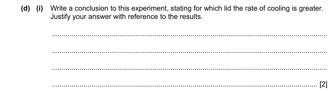 Specimen Paper 6, question 1(d)(i): Write a conclusion to this experiment, stating for which lid the rate of cooling is greater. Justify your answer with reference to the results. [2]