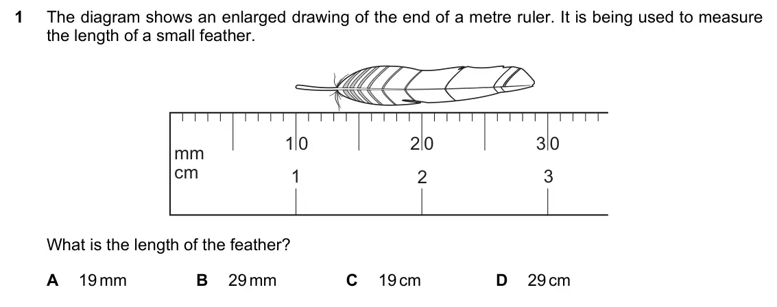 June 2024 Paper 1, question 1: The diagram shows an enlarged drawing of the end of a metre ruler. It is being used to measure the length of a small feather. 1 0 2 0 3 0 mm cm 1 2 3 What is th