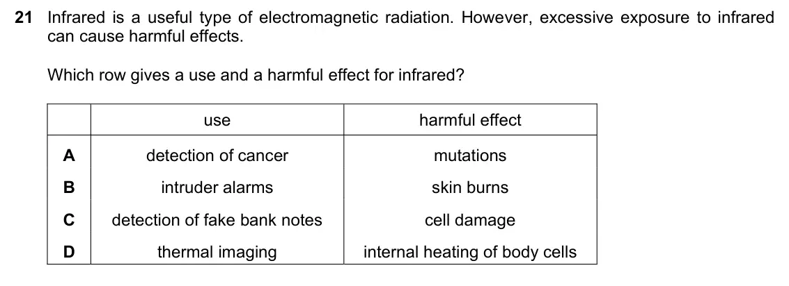 June 2024 Paper 1, question 21: Infrared is a useful type of electromagnetic radiation. However, excessive exposure to infrared can cause harmful effects. Which row gives a use and a harmful e