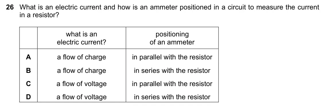June 2024 Paper 1, question 26: What is an electric current and how is an ammeter positioned in a circuit to measure the current in a resistor? what is an positioning electric current? of an a