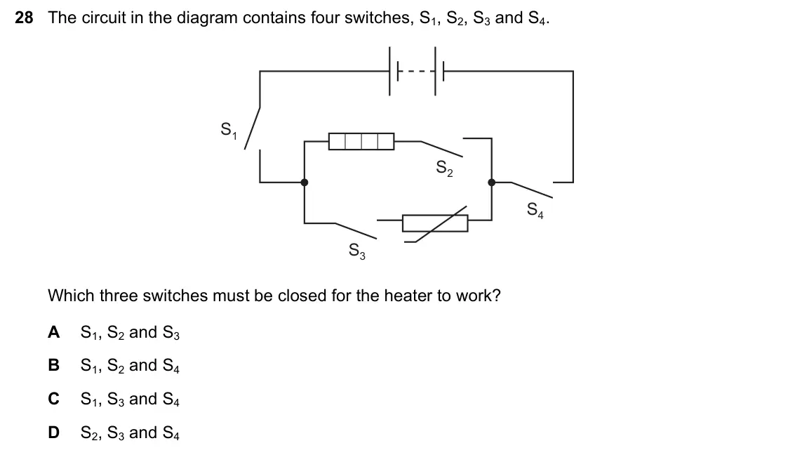 June 2024 Paper 1, question 28: The circuit in the diagram contains four switches, S1, S2, S3 and S4. S1 S2 S4 S3 Which three switches must be closed for the heater to work? A S1, S2 and S3 B