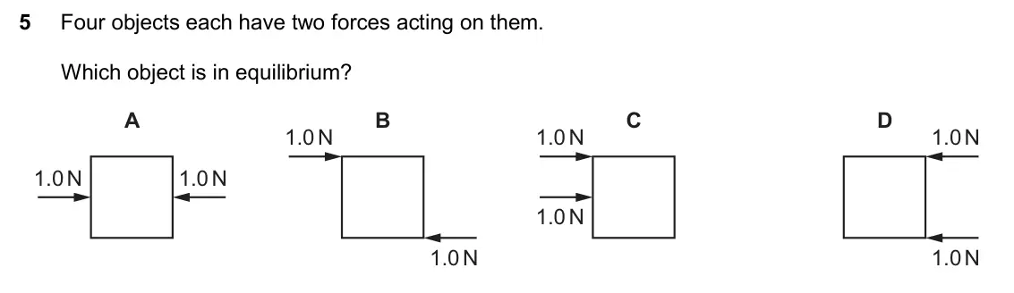 June 2024 Paper 2, question 5: Four objects each have two forces acting on them. Which object is in equilibrium? A B C D 1.0 N 1.0 N 1.0 N 1.0 N 1.0 N 1.0 N 1.0 N 1.0 N