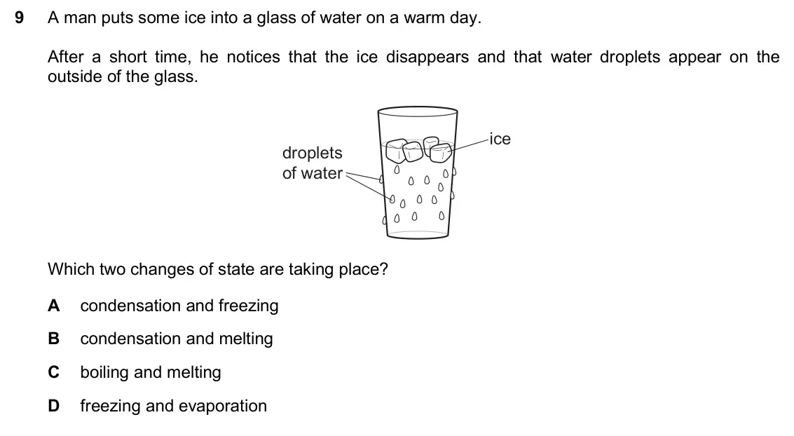 June 2024 Paper 2, question 9: A man puts some ice into a glass of water on a warm day. After a short time, he notices that the ice disappears and that water droplets appear on the outside of