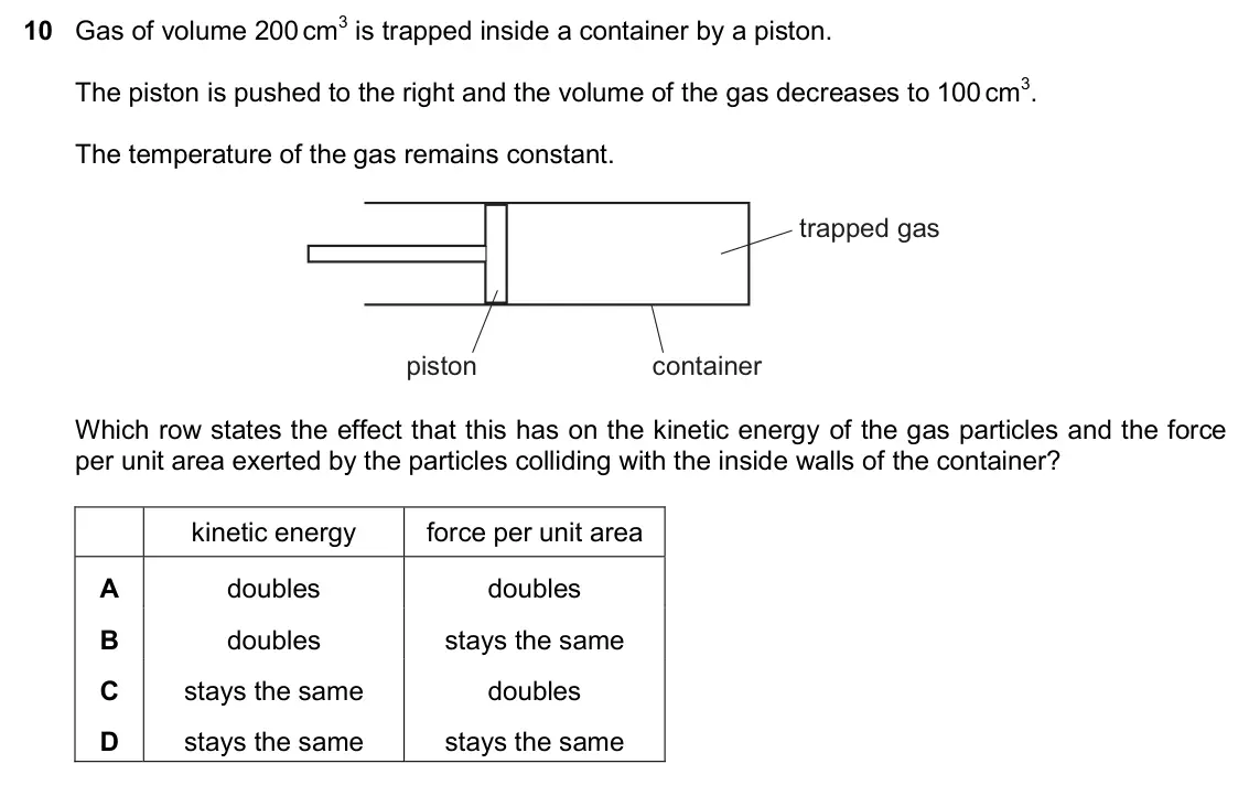 June 2024 Paper 2, question 10: Gas of volume 200 cm3 is trapped inside a container by a piston. The piston is pushed to the right and the volume of the gas decreases to 100 cm3. The temperatu