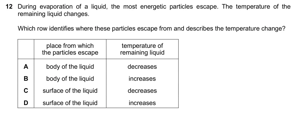 June 2024 Paper 2, question 12: During evaporation of a liquid, the most energetic particles escape. The temperature of the remaining liquid changes. Which row identifies where these particles