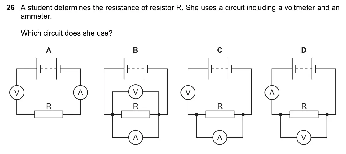 June 2024 Paper 2, question 26: A student determines the resistance of resistor R. She uses a circuit including a voltmeter and an ammeter. Which circuit does she use? A B C D V A V V A R R R