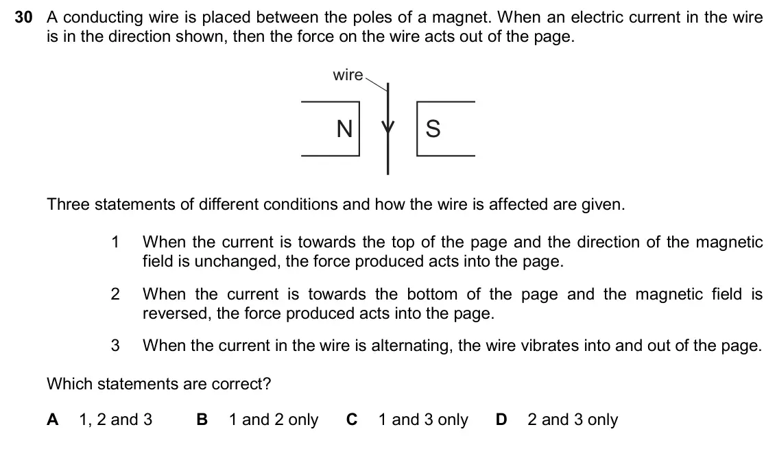 June 2024 Paper 2, question 30: A conducting wire is placed between the poles of a magnet. When an electric current in the wire is in the direction shown, then the force on the wire acts out o