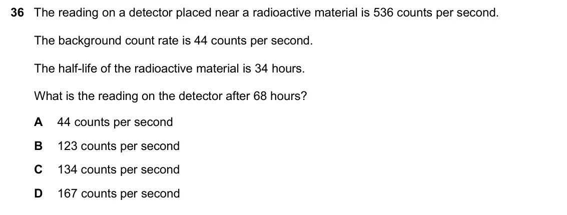 June 2024 Paper 2, question 36: The reading on a detector placed near a radioactive material is 536 counts per second. The background count rate is 44 counts per second. The half-life of the r