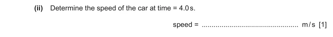 June 2024 Paper 3, question 1(a)(ii): Determine the speed of the car at time = 4.0 s. speed = m / s [1]