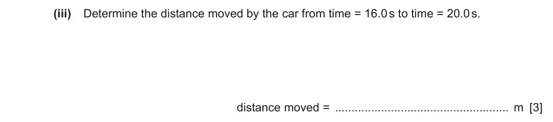 June 2024 Paper 3, question 1(a)(iii): Determine the distance moved by the car from time = 16.0 s to time = 20.0 s. distance moved = m [3]