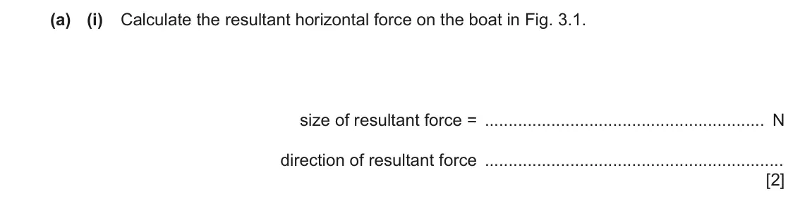 June 2024 Paper 3, question 3(a)(i): Calculate the resultant horizontal force on the boat in Fig. 3.1. size of resultant force = N direction of resultant force [2]