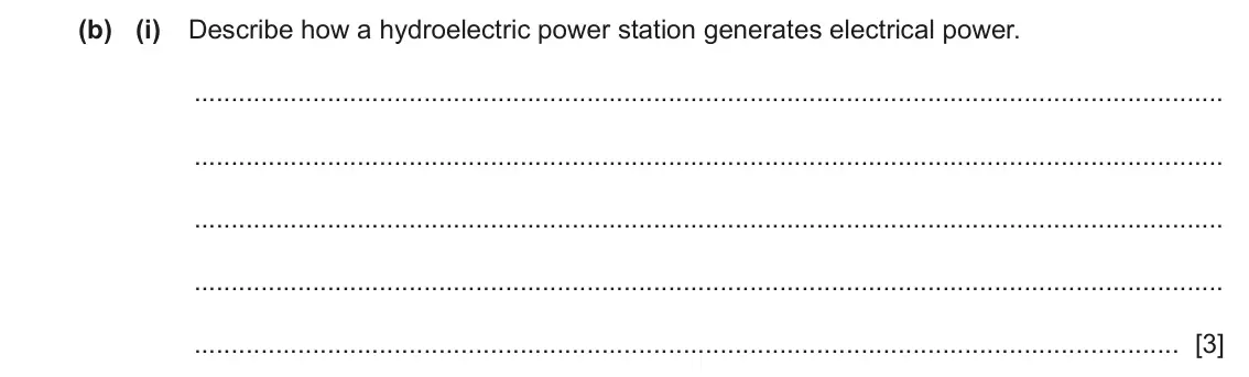 June 2024 Paper 3, question 4(b)(i): Describe how a hydroelectric power station generates electrical power. [3]