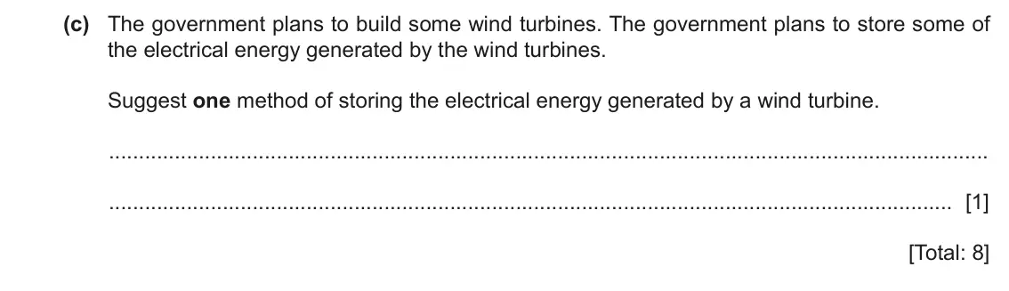 June 2024 Paper 3, question 4(c): The government plans to build some wind turbines. The government plans to store some of the electrical energy generated by the wind turbines. Suggest one method