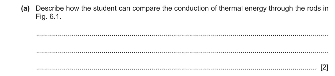 June 2024 Paper 3, question 6(a): Describe how the student can compare the conduction of thermal energy through the rods in Fig. 6.1. [2]