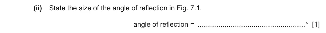 June 2024 Paper 3, question 7(a)(ii): State the size of the angle of reflection in Fig. 7.1. angle of reflection = ° [1]