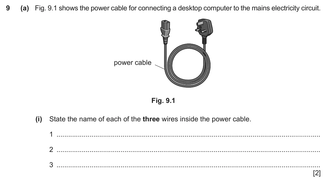 June 2024 Paper 3, question 9(a)(i): State the name of each of the three wires inside the power cable. 1 2 3 [2]