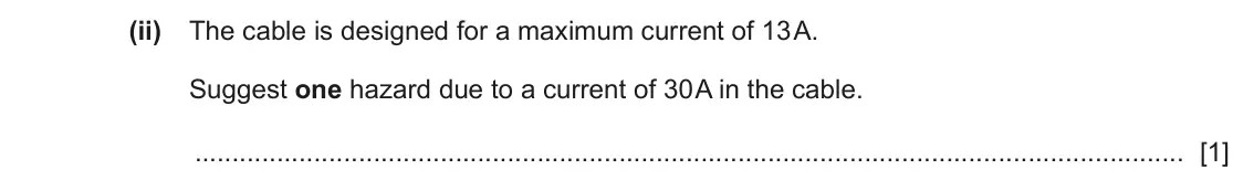 June 2024 Paper 3, question 9(a)(ii): The cable is designed for a maximum current of 13 A. Suggest one hazard due to a current of 30 A in the cable. [1]