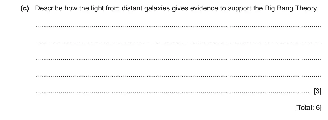 June 2024 Paper 3, question 11(c): Describe how the light from distant galaxies gives evidence to support the Big Bang Theory. [3] [Total: 6]