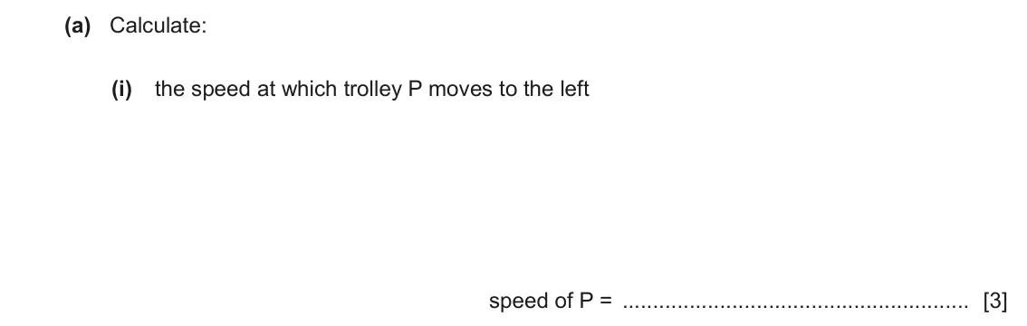 June 2024 Paper 4, question 2(a)(i): the speed at which trolley P moves to the left speed of P = [3]