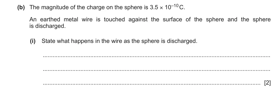 June 2024 Paper 4, question 6(b)(i): State what happens in the wire as the sphere is discharged. [2]