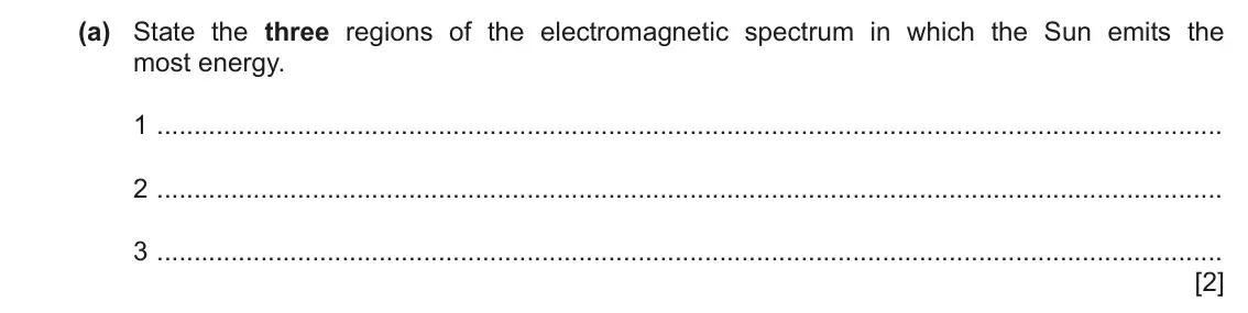 June 2024 Paper 4, question 9(a): State the three regions of the electromagnetic spectrum in which the Sun emits the most energy. 1 2 3 [2]