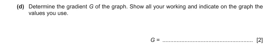 June 2024 Paper 6, question 1(d): Determine the gradient G of the graph. Show all your working and indicate on the graph the values you use. G = [2]