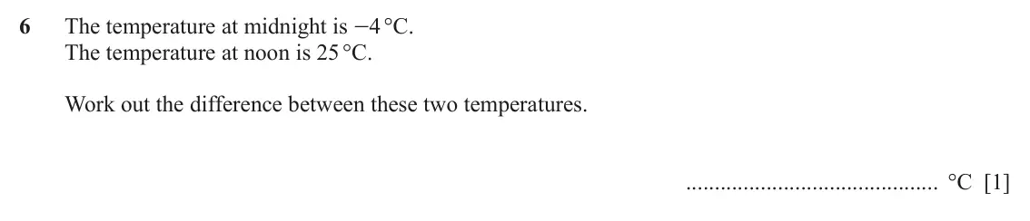 June 2024 (0980) Paper 1, question 6: The temperature at midnight is -4 °C. The temperature at noon is 25 °C. Work out the difference between these two temperatures. °C [1]