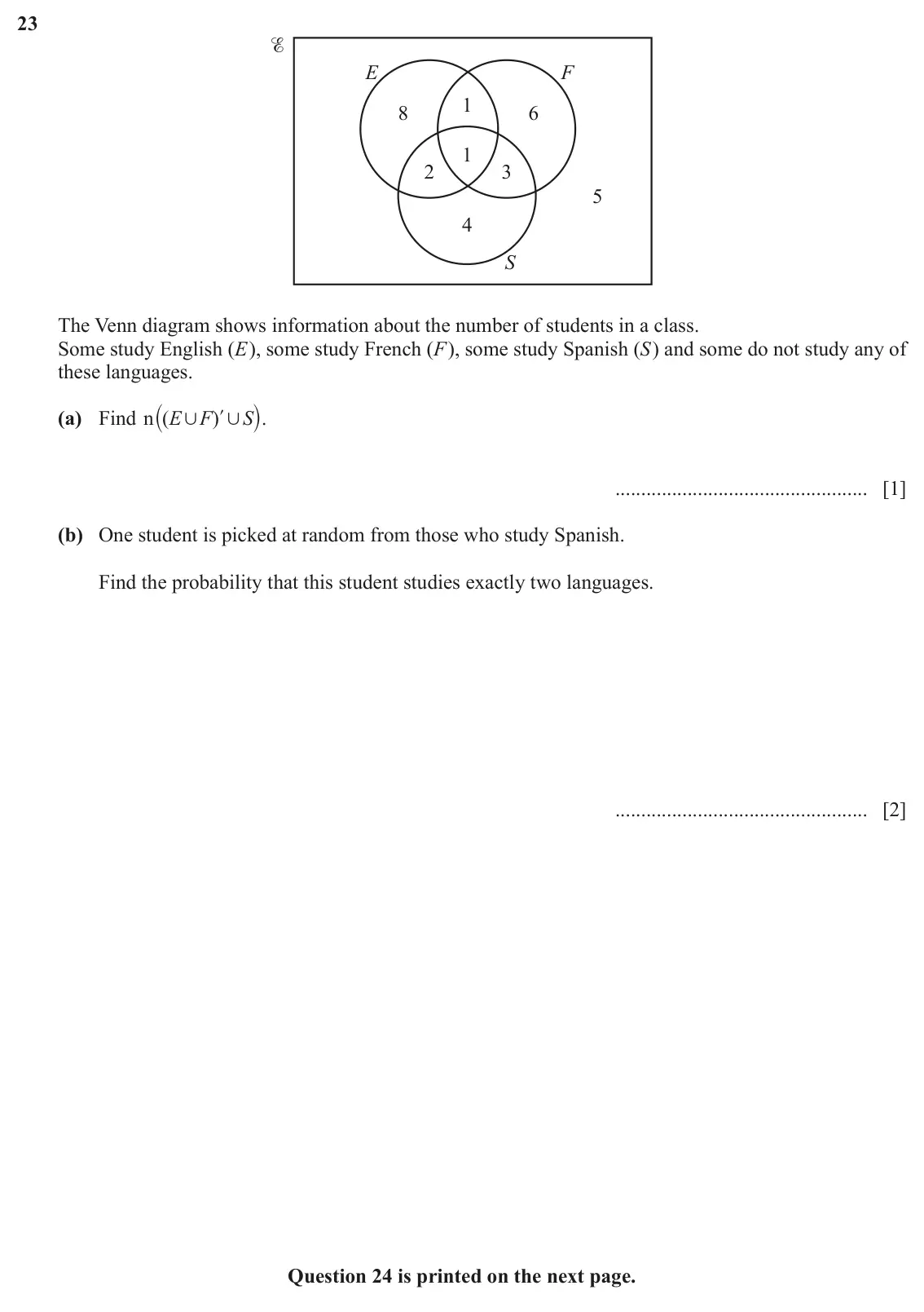 June 2024 (0980) Paper 2, question 23: E F 1 8 6 1 2 3 5 4 S The Venn diagram shows information about the number of students in a class. Some study English (E ), some study French (F ), some study Sp