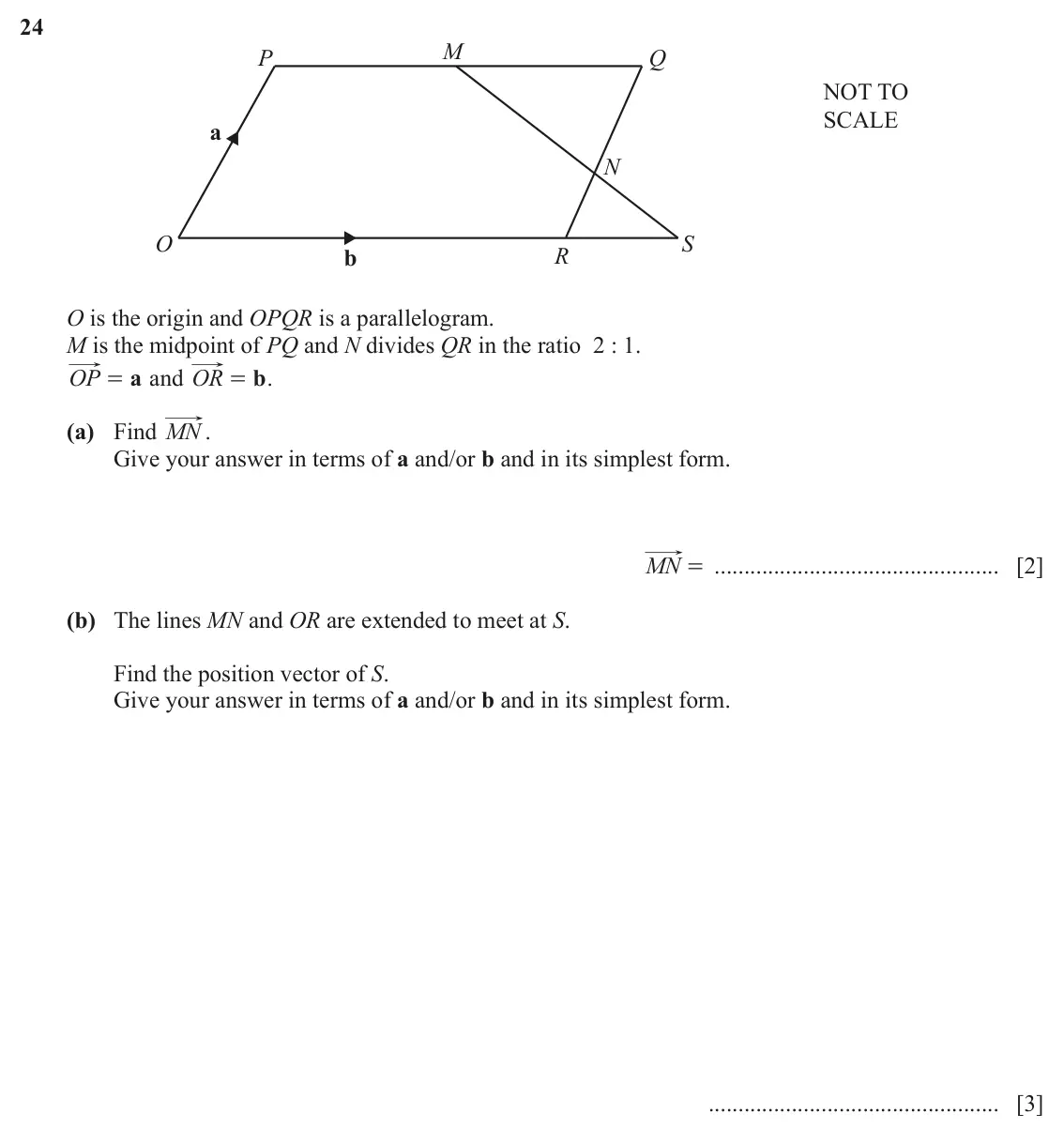 June 2024 (0980) Paper 2, question 24: M P Q NOT TO SCALE a N O S b R O is the origin and OPQR is a parallelogram. M is the midpoint of PQ and N divides QR in the ratio 2 : 1. OP = a and OR = b . (a)