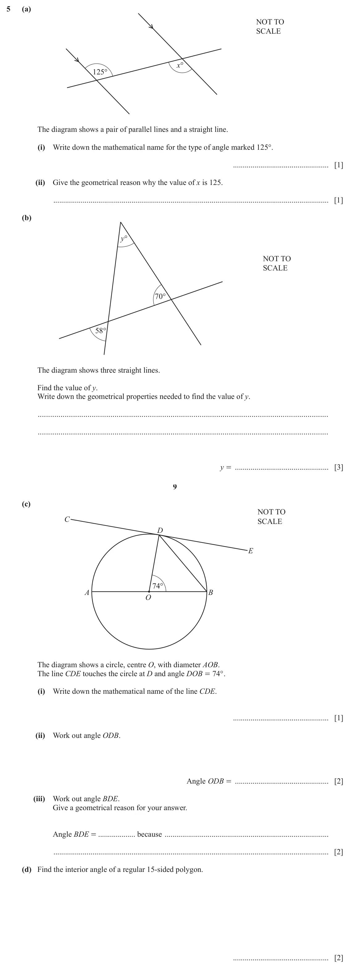 June 2024 (0980) Paper 3, question 5: (a) NOT TO SCALE x° 125° The diagram shows a pair of parallel lines and a straight line. (i) Write down the mathematical name for the type of angle marked 125°.