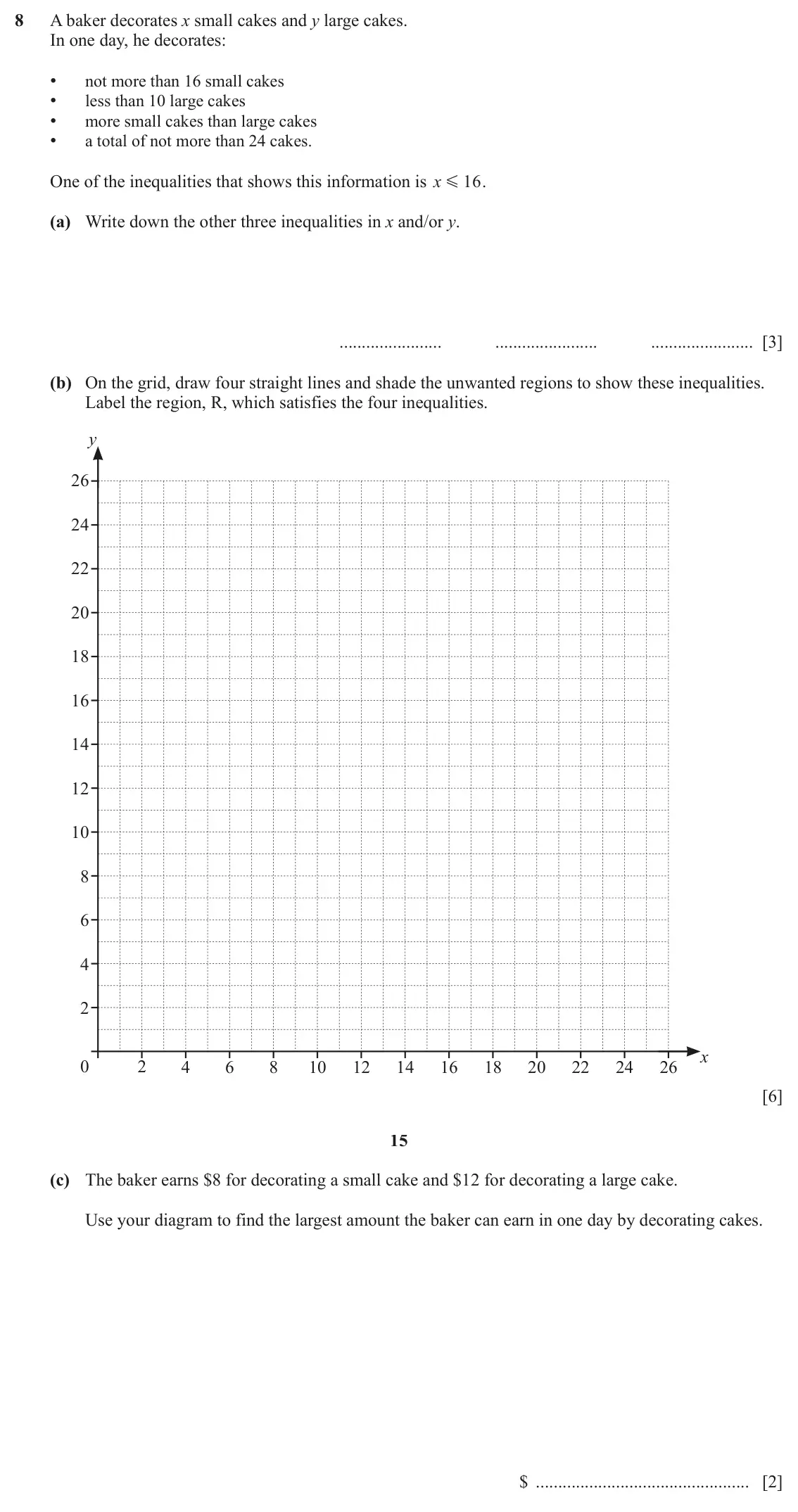 June 2024 (0980) Paper 4, question 8: A baker decorates x small cakes and y large cakes. In one day, he decorates: • not more than 16 small cakes • less than 10 large cakes • more small cakes than l