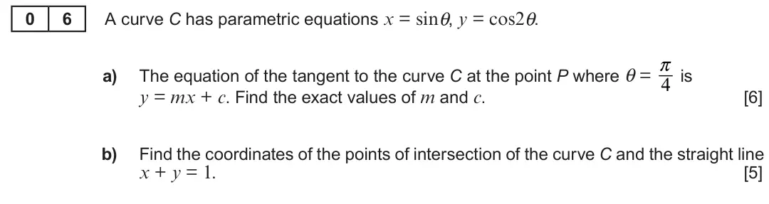 Summer 2019 Unit 3, question 6: A curve C has parametric equations x = sinθ, y = cos2θ. 0 6 π The equation of the tangent to the curve C at the point P where θ= is a) 4 y = mx + c. Find the ex