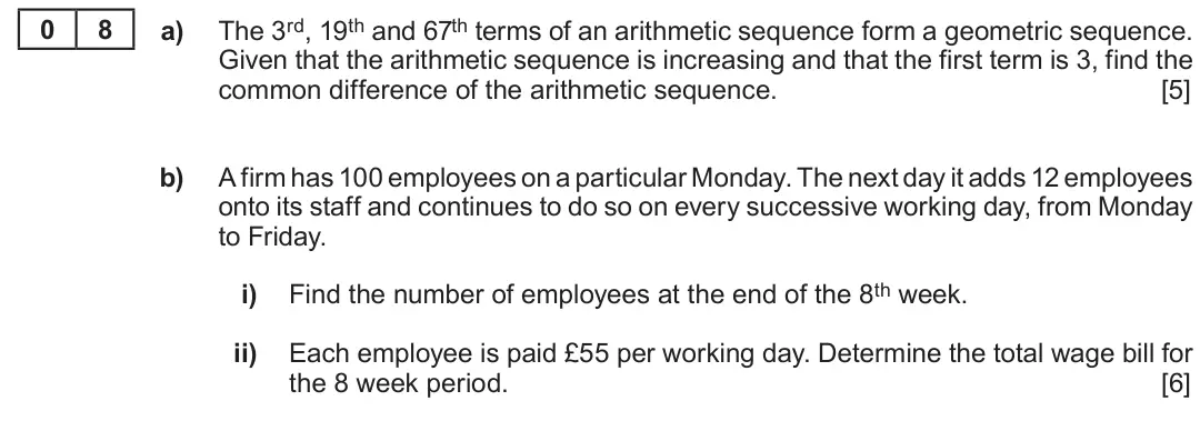 Summer 2019 Unit 3, question 8: 8 a) The 3rd, 19th and 67th terms of an arithmetic sequence form a geometric sequence. Given that the arithmetic sequence is increasing and that the first term
