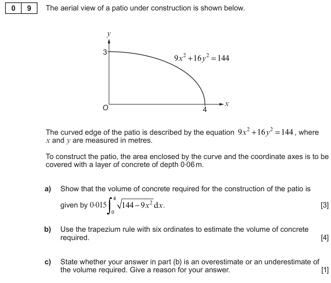 Summer 2023 Unit 3, question 9: 9 The aerial view of a patio under construction is shown below. y 3 9x2 +16y2 = 144 x O 4 The curved edge of the patio is described by the equation 9x2 +16y2 =