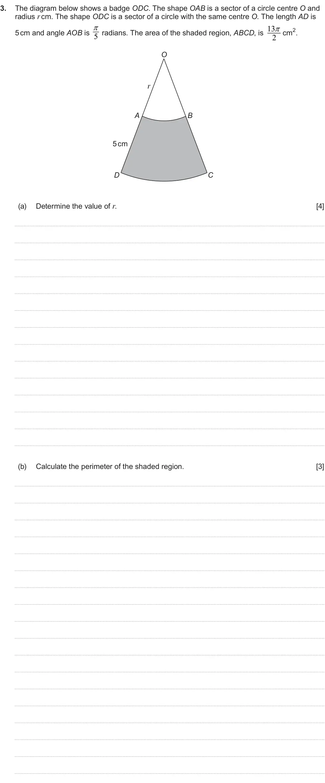 Summer 2024 Unit 3, question 3: 3. The diagram below shows a badge ODC. The shape OAB is a sector of a circle centre O and radius r cm. The shape ODC is a sector of a circle with the same cent
