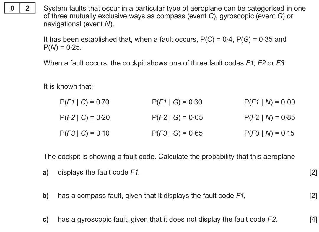 Summer 2022 Unit 4, question 2: 2 System faults that occur in a particular type of aeroplane can be categorised in one of three mutually exclusive ways as compass (event C), gyroscopic (event