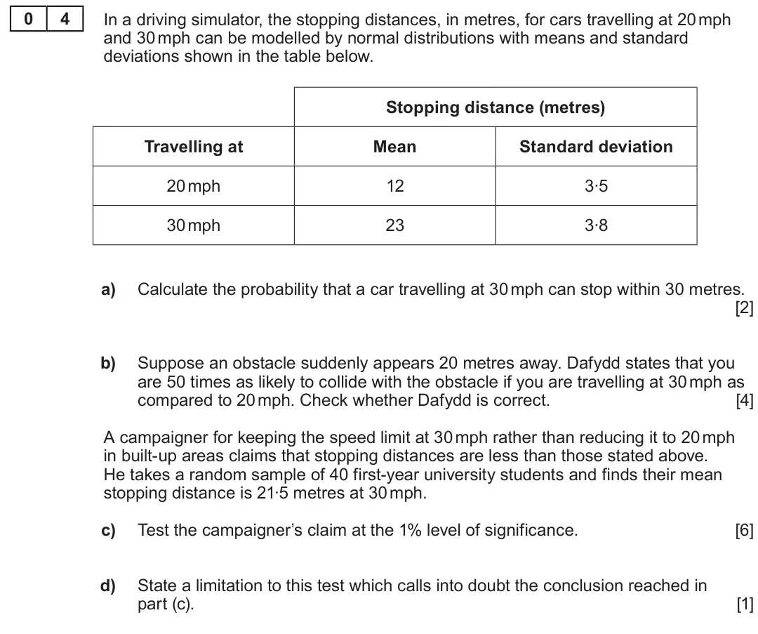 Summer 2022 Unit 4, question 4: 4 In a driving simulator, the stopping distances, in metres, for cars travelling at 20 mph and 30 mph can be modelled by normal distributions with means and sta