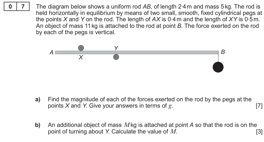 Summer 2022 Unit 4, question 7: 7 The diagram below shows a uniform rod AB, of length 2∙4 m and mass 5 kg. The rod is held horizontally in equilibrium by means of two small, smooth, fixed cyli