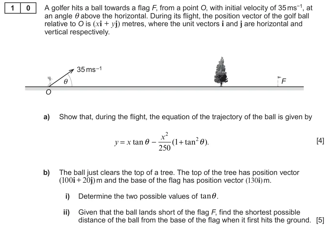 Summer 2022 Unit 4, question 10: A golfer hits a ball towards a flag F, from a point O, with initial velocity of 35 ms−1, at 1 0 an angle θ above the horizontal. During its flight, the position