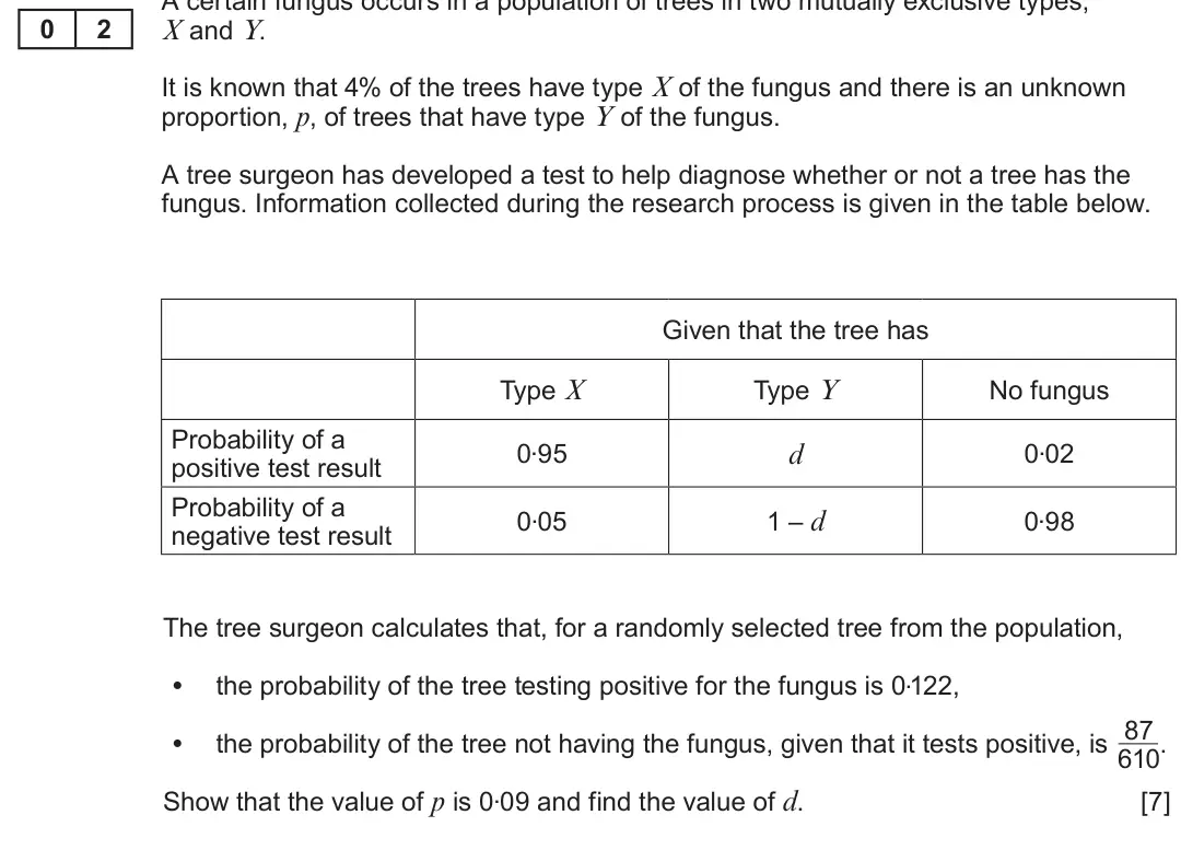 Summer 2023 Unit 4, question 2: A certain fungus occurs in a population of trees in two mutually exclusive types, 0 2 X and Y. It is known that 4% of the trees have type X of the fungus and th
